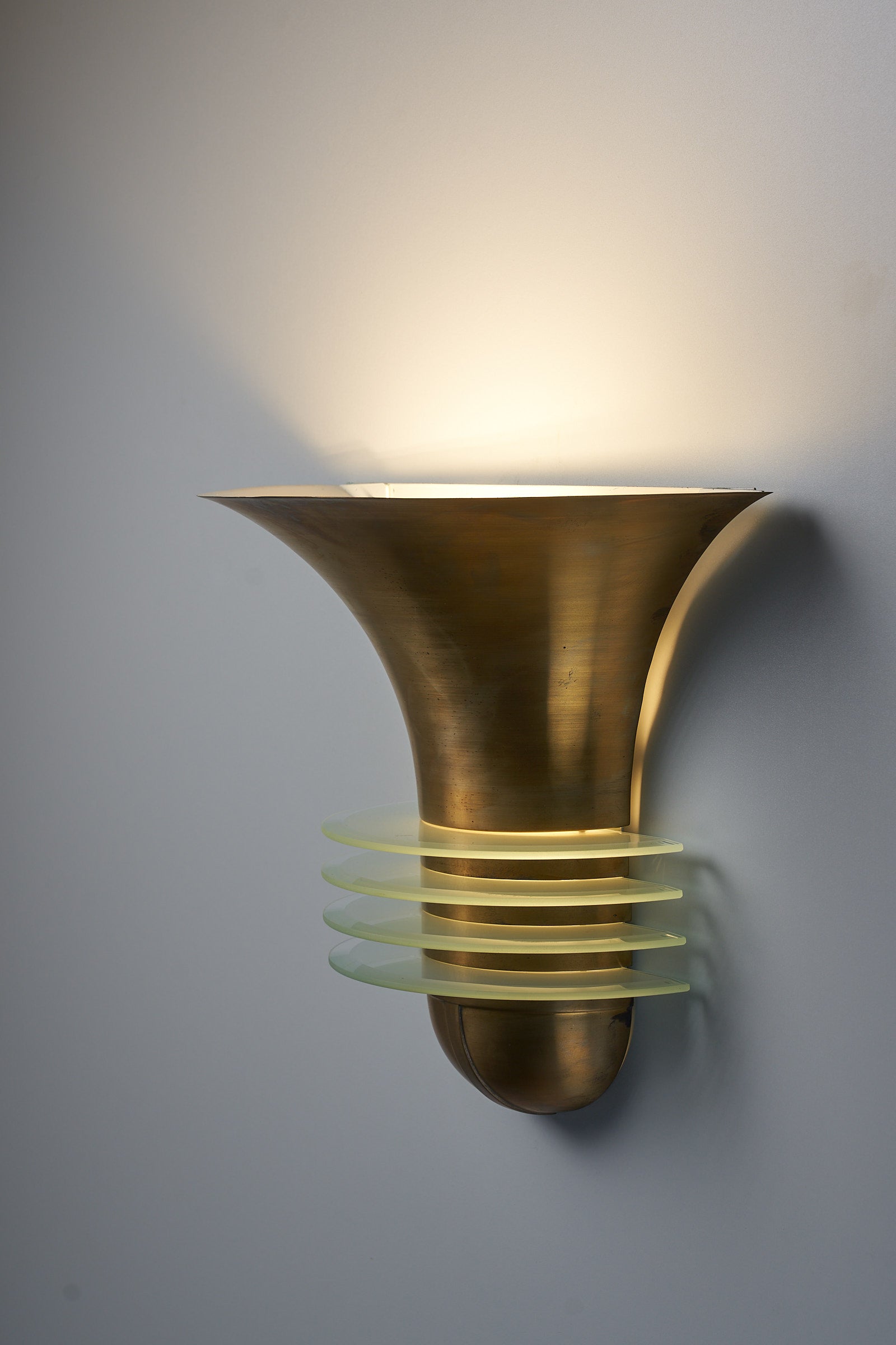 Brass Empire Style Wall Lamp with Glass Plates Extending Outward