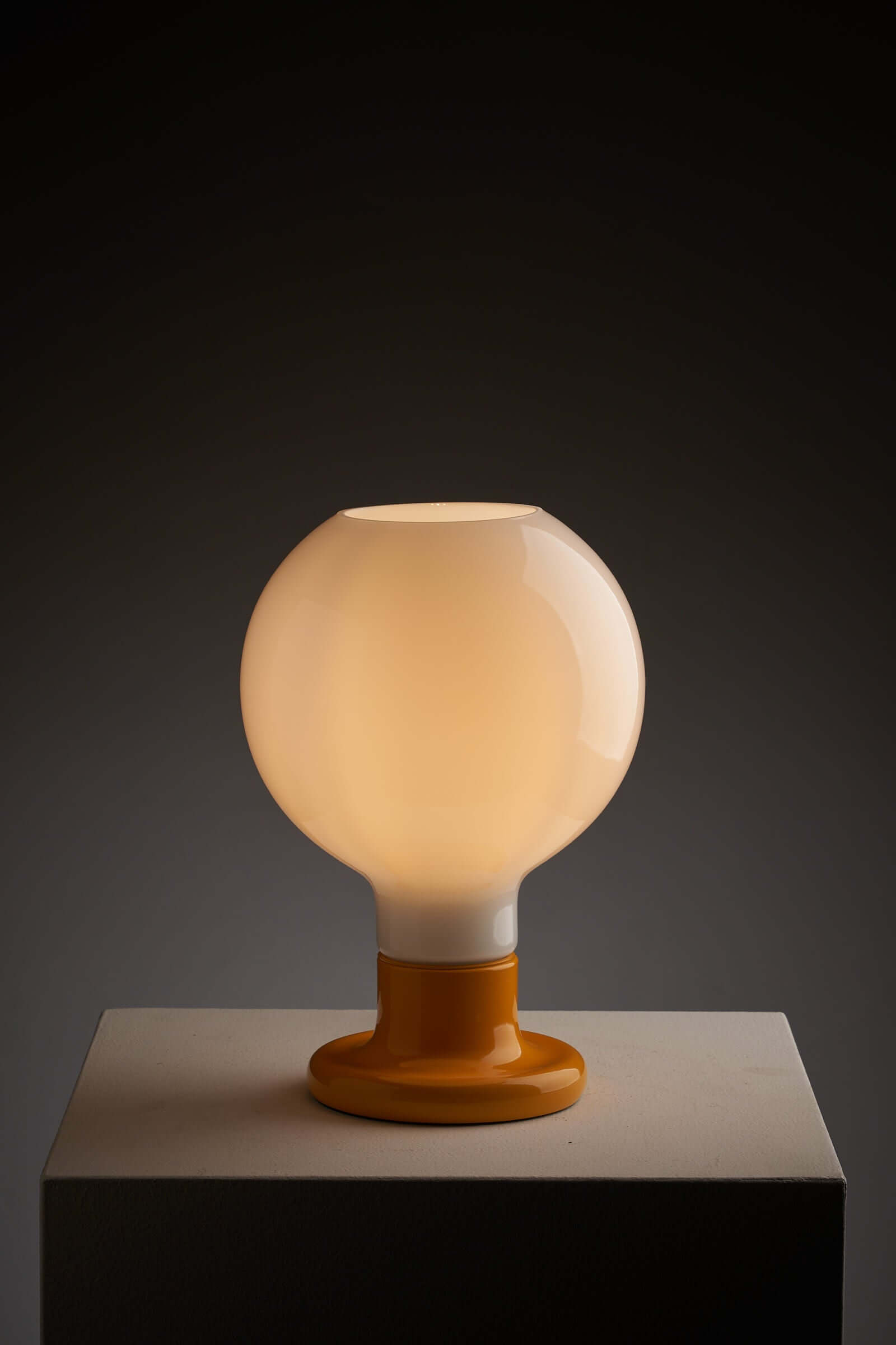 Glass Sphere Table Lamp with Yellow Lacquered Base and Milk Glass Diffuser on Display