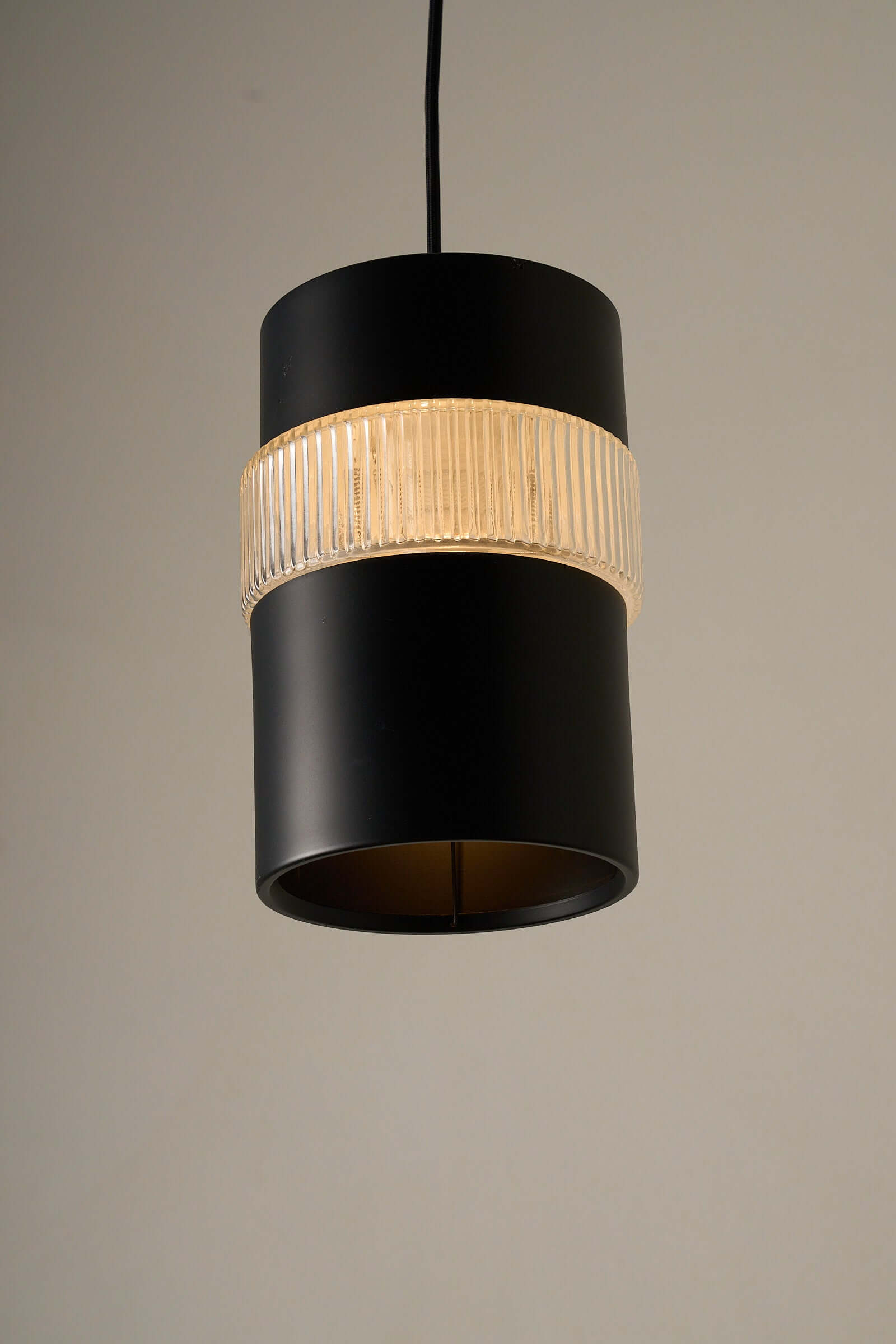 Black pendant lamp with textured glass panel and spring connection, 1960s Cosack Leuchten design, minimalistic and elegant lighting fixture