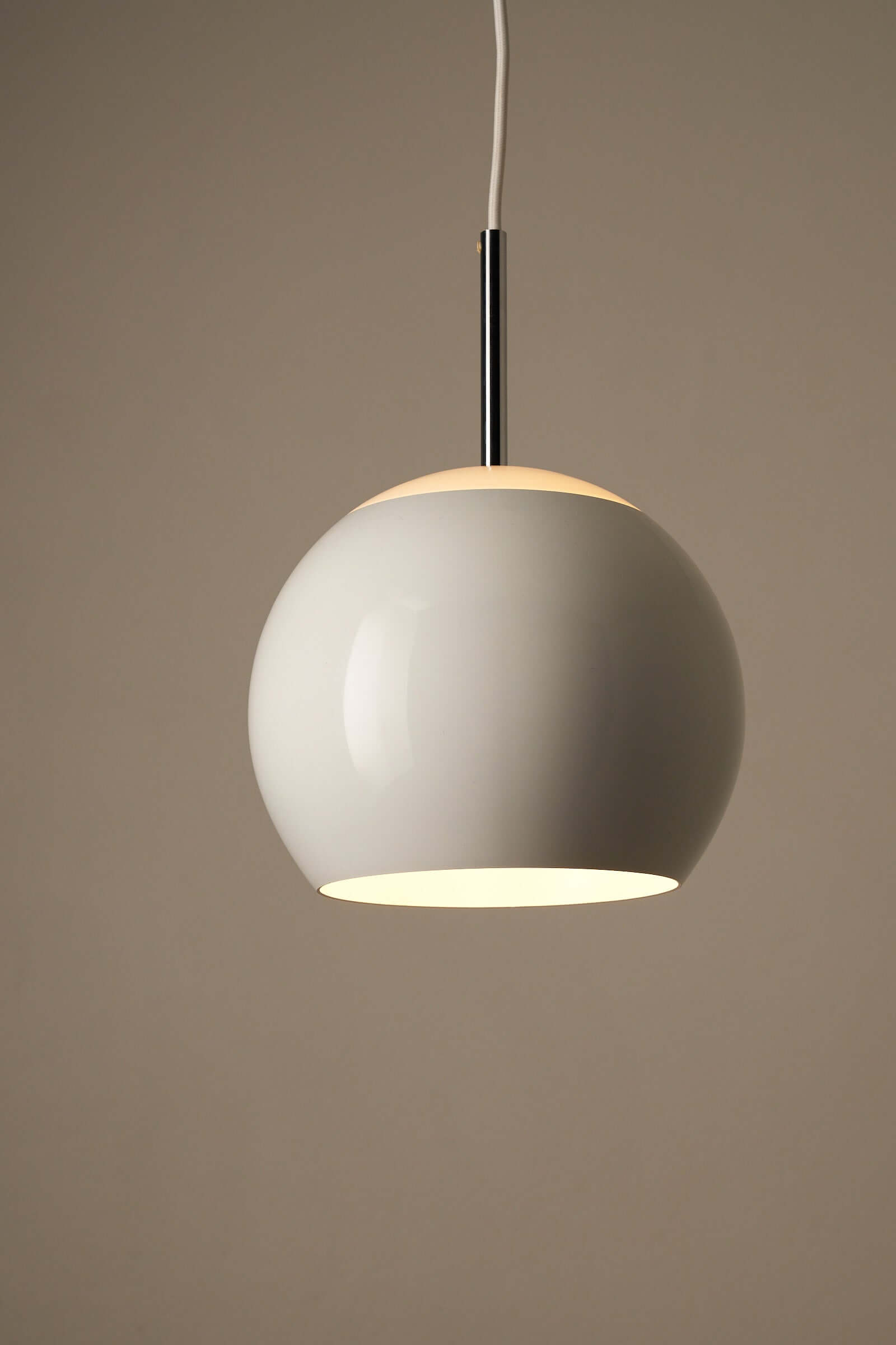 White sphere pendant lamp by Cosack with chrome stem and opal top for a soft glow, showcasing mid-century German craftsmanship.