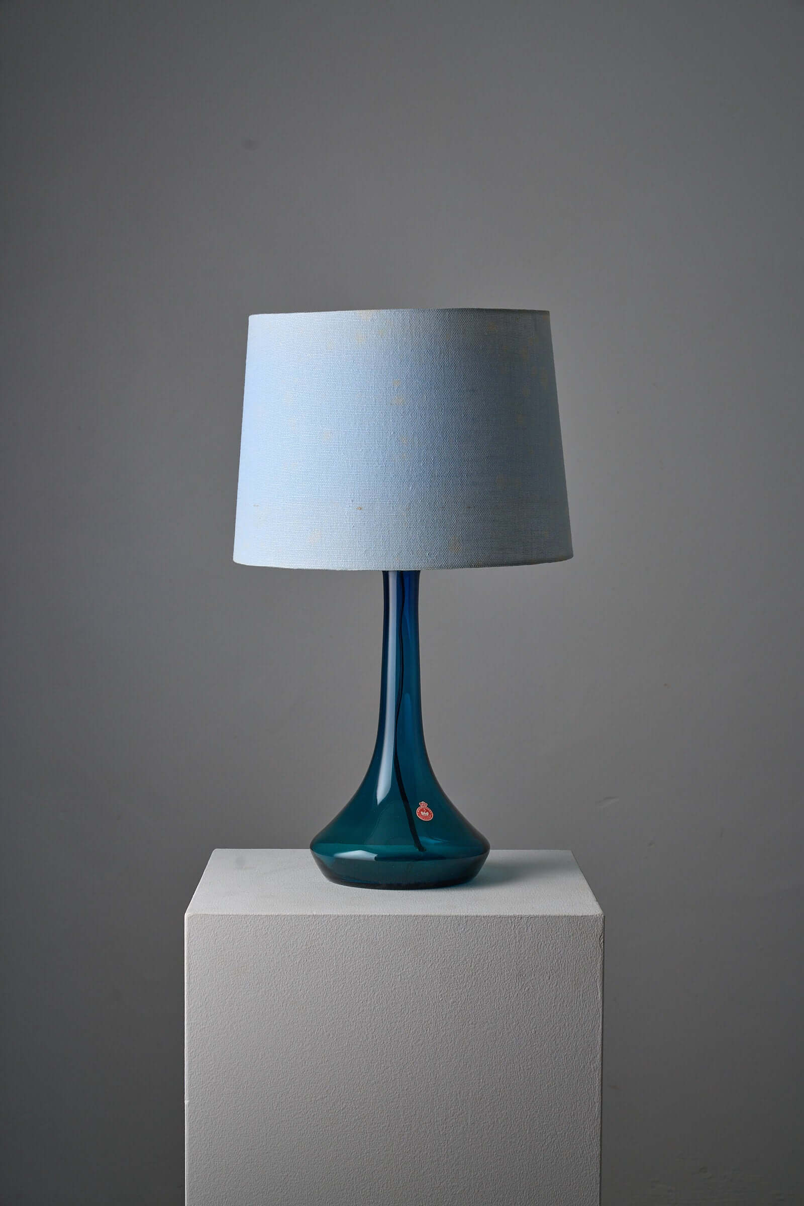 Blue Holmegaard glass table lamp by Lisbeth Brams for Fog & Mørup, featuring a matching blue fabric shade.