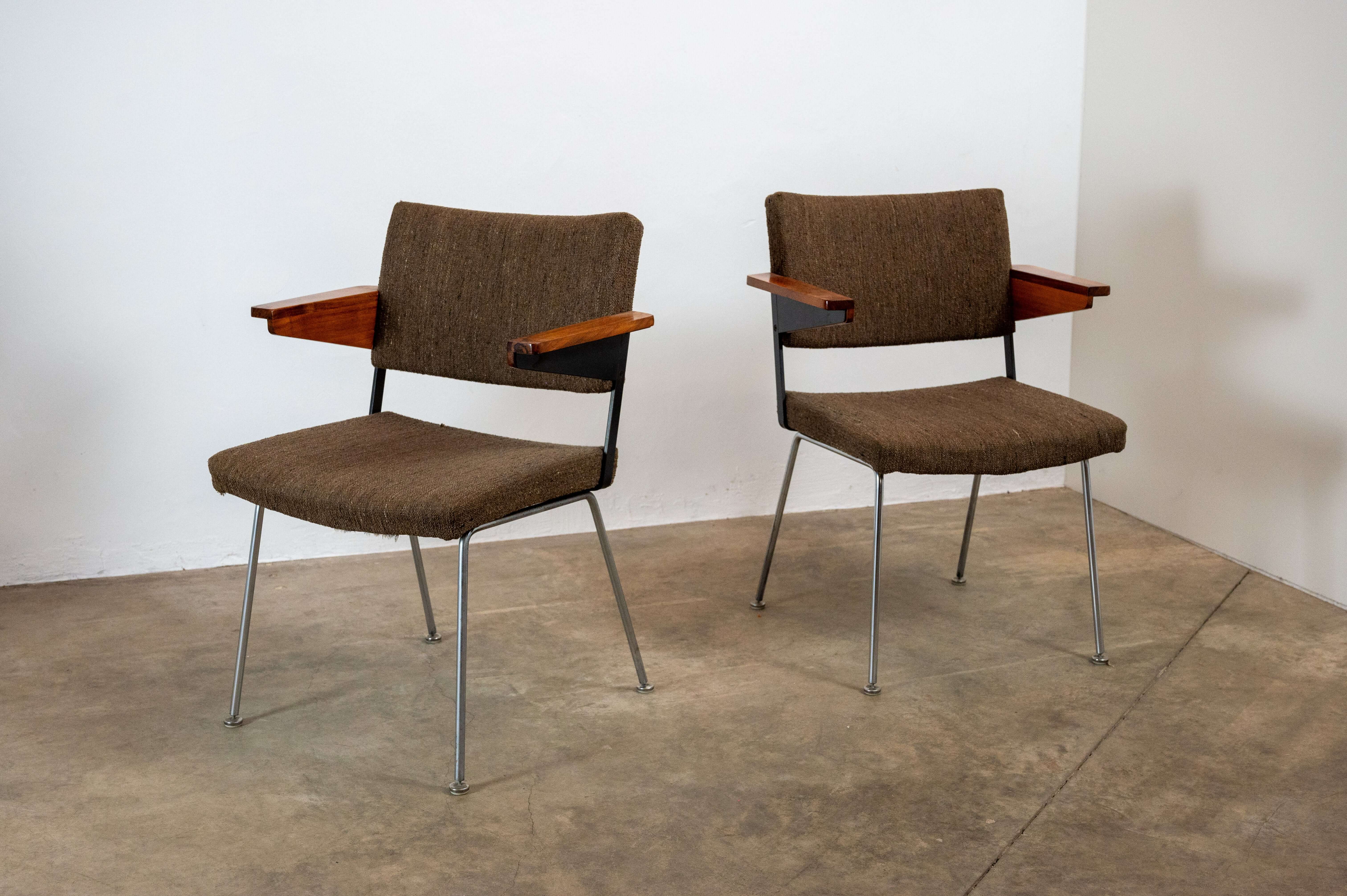 Pair of Gispen No.11 mid-century armchairs by A.R. Cordemeyer with brown textured fabric, wooden armrests, and chromed steel legs.